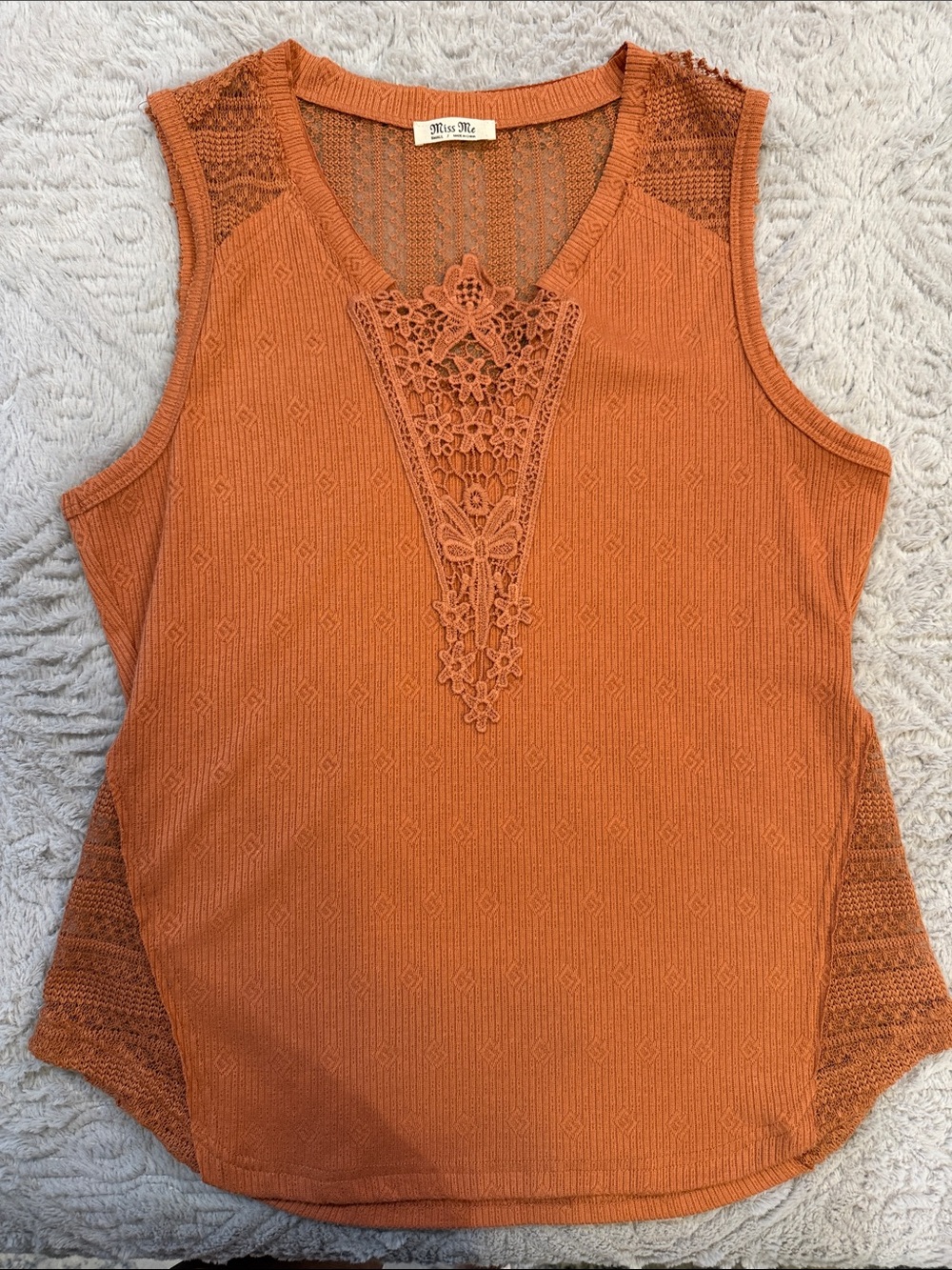 Miss Me Rust Orange Crochet V-Neck Sleeveless Tank